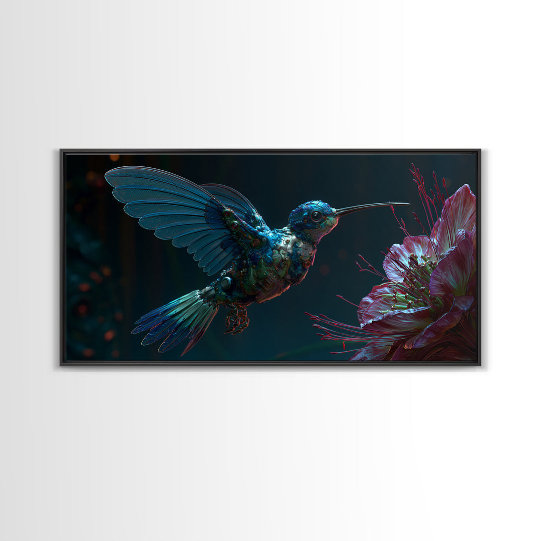 Mechanical Hummingbird Hovering Near Flower Canvas Print, Steampunk Art, Original Art, Living Room Decor, Mechanic, Dark Art, STE-2x1-29