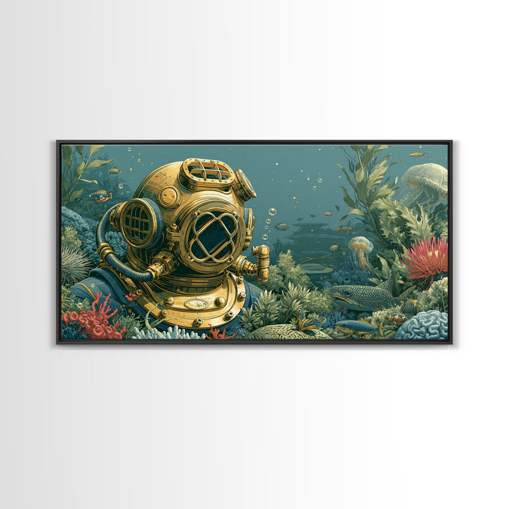 Brass Diving Helmet Canvas Print, Steampunk Art, Wall Art, Living Room Decor, Oil Painting, Mechanic, Ai Art, Digital Print, STE-2x1-32
