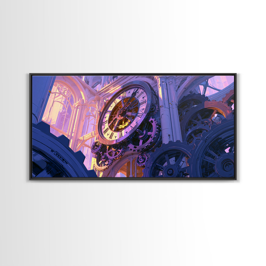 Clock Tower Gears Framed Canvas Print, Steampunk Art, Halloween Decor, Living Room Decor, Fine Art, Mechanic, Boho Wall Art, STE-2x1-33