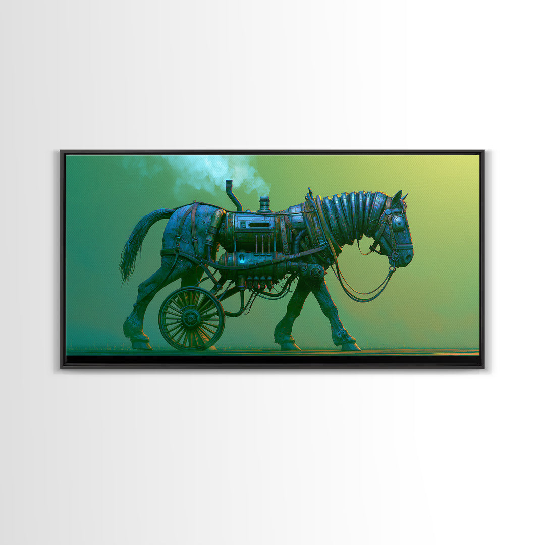 Steam Powered Horse Framed Canvas Print, Steampunk Art, Wall Art, Living Room Decor, Oil Painting, Mechanic, Ai Art, STE-2x1-35