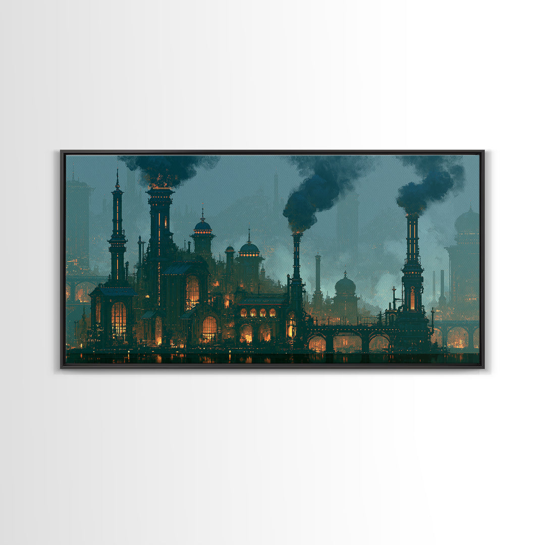 Steam Powered City Skyline Canvas Print, Steampunk Art, Digital Art, Living Room Decor, Abstract Art, Mechanic, Wall Art Print, STE-2x1-41