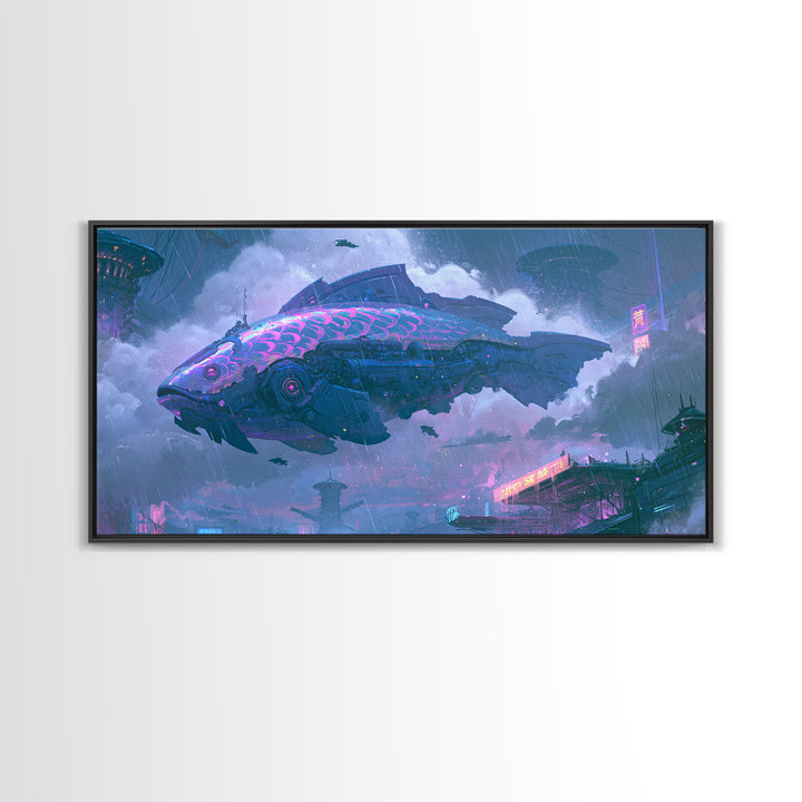 Mechanical Fish Swimming Through Clouds Framed Canvas Print, Steampunk Art, Room Decor, Living Room Decor, Fine Art, Mechanic, STE-2x1-42