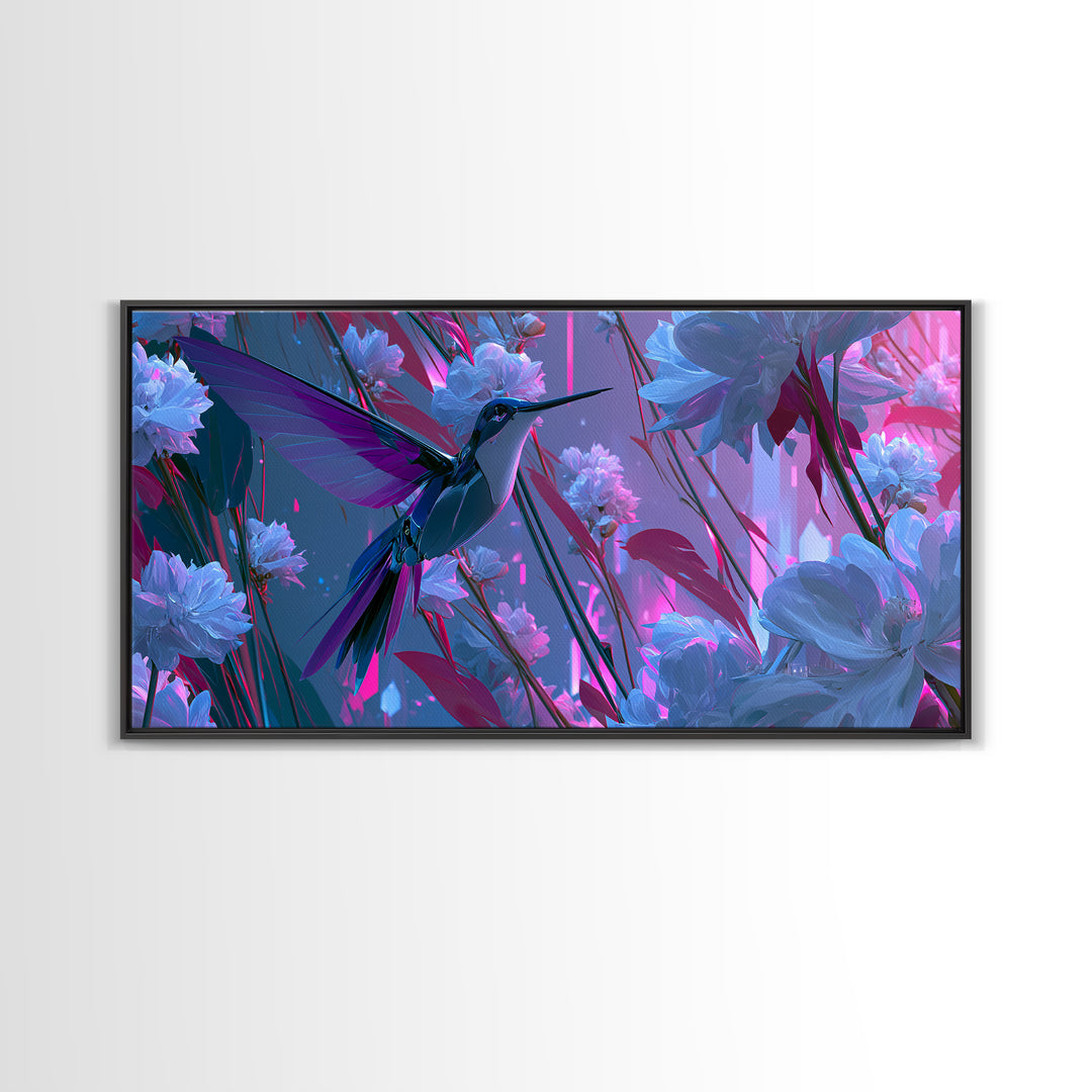 Mechanical Hummingbird Hovering Near Flower Canvas Print, Steampunk Art, Original Art, Living Room Decor, Mechanic, Dark Art, STE-2x1-5