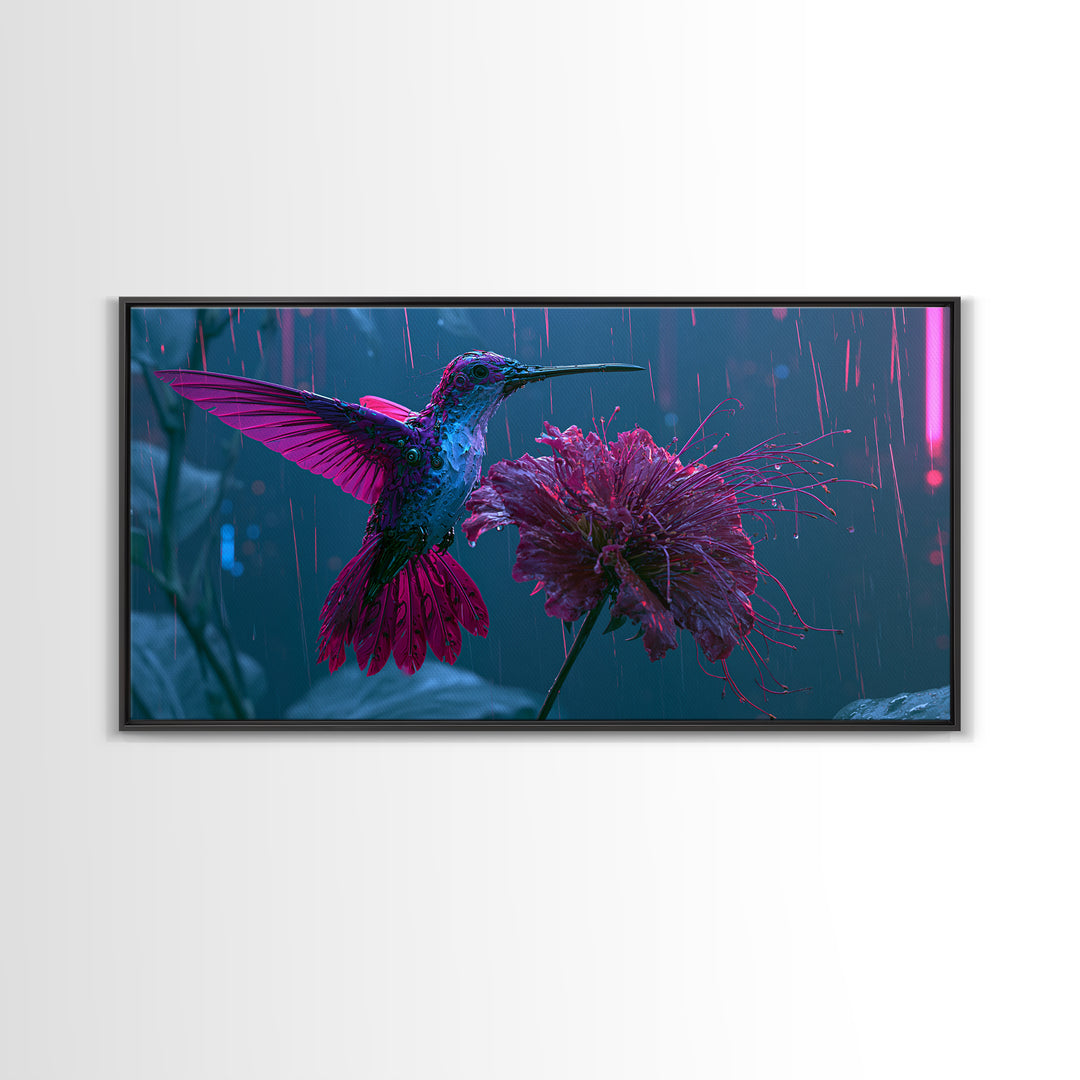 Mechanical Hummingbird Hovering Near Flower Canvas Print, Steampunk Art, Printable Art, Living Room Decor, Watercolor Art, STE-2x1-53