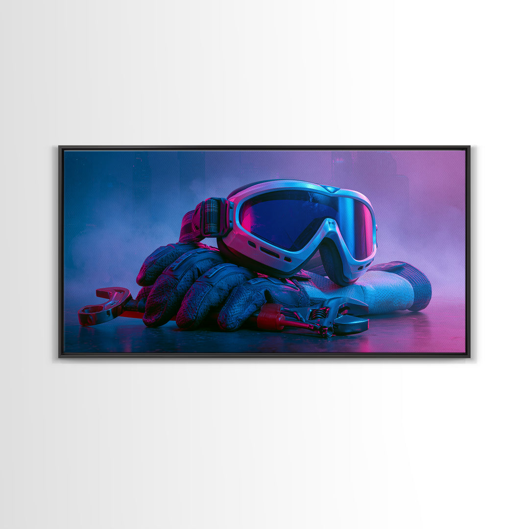 Goggles Gloves and Wrench Still Life Framed Canvas Print, Steampunk Art, Gallery Decor, Living Room Decor, Fine Art, Mechanic, STE-2x1-67