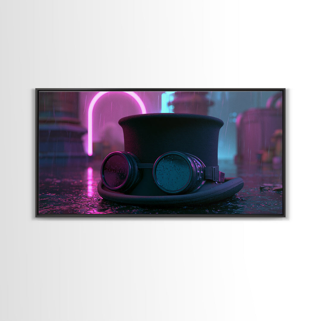 Top Hat and Goggles Still Life Framed Canvas Print, Steampunk Art, Art Nouveau, Living Room Decor, Fine Art, Mechanic, STE-2x1-72