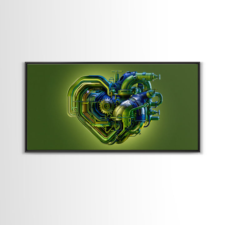 Gear Heart with Pipes and Valves Framed Canvas Print, Steampunk Art, Digital Print, Living Room Decor, Fine Art, Mechanic, STE-2x1-88