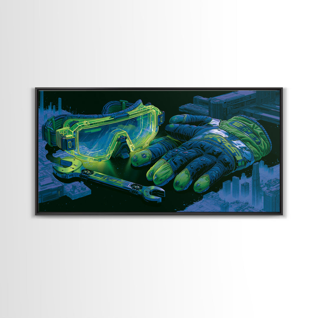 Goggles Gloves and Wrench Still Life Framed Canvas Print, Steampunk Art, Abstract Art, Living Room Decor, Fine Art, Mechanic, STE-2x1-91