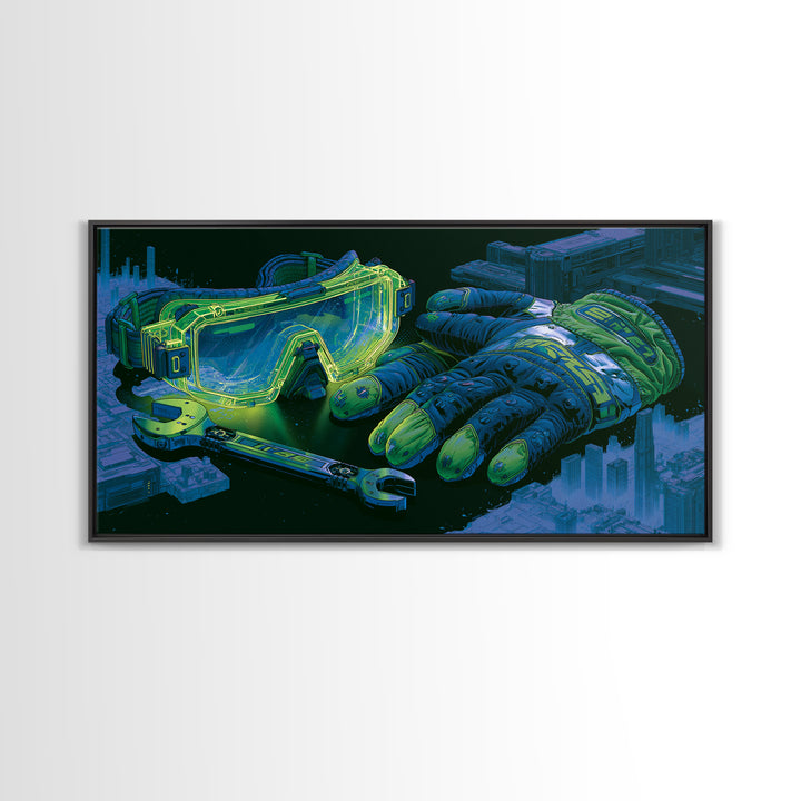 Goggles Gloves and Wrench Still Life Framed Canvas Print, Steampunk Art, Abstract Art, Living Room Decor, Fine Art, Mechanic, STE-2x1-91