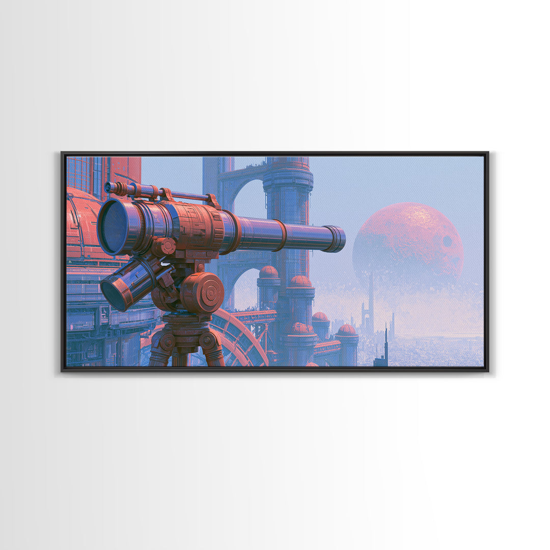 Brass Telescope Aimed at Copper Moon Framed Canvas Print, Steampunk Art, Printable Art, Living Room Decor, Oil Painting, STE-2x1-92
