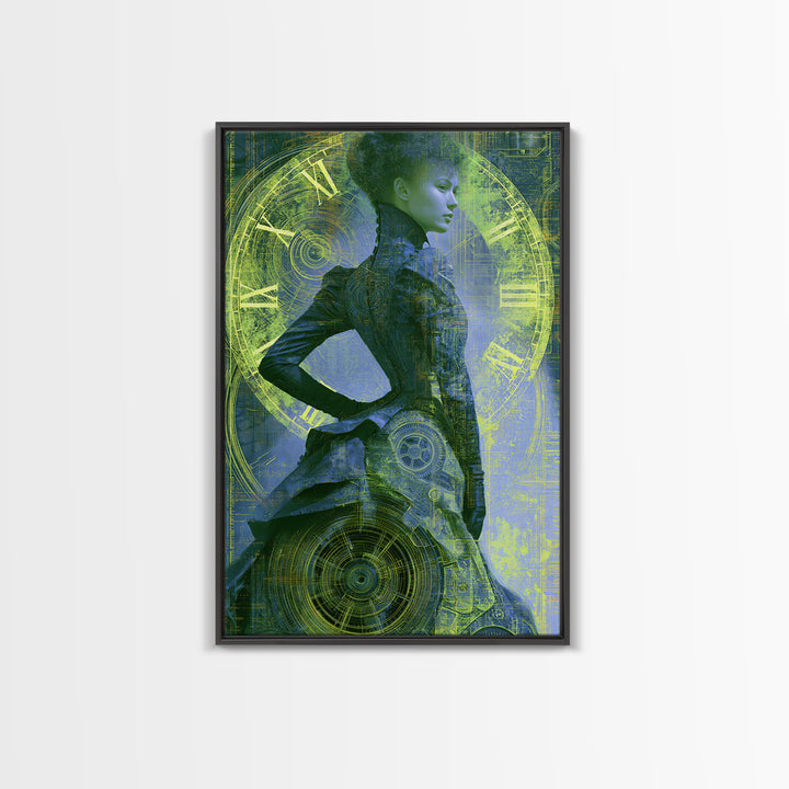 Victorian Lady with Clockwork Dress Details Framed Canvas Print, Steampunk Art, Steampunk, Living Room Decor, Mechanic, STE-2x3-1