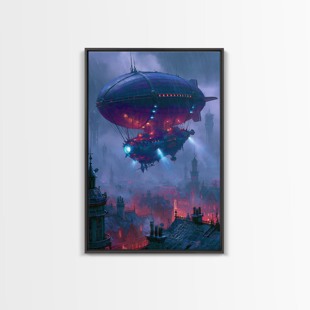 Airship Floating Above Victorian City Roofs Canvas Print, Steampunk Art, Contemporary Art, Living Room Decor, Mechanic, STE-2x3-10
