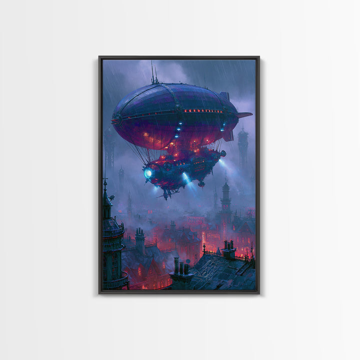 Airship Floating Above Victorian City Roofs Canvas Print, Steampunk Art, Contemporary Art, Living Room Decor, Mechanic, STE-2x3-10
