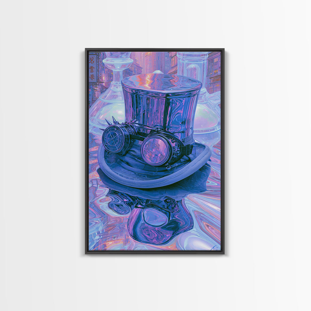 Top Hat and Goggles Still Life Framed Canvas Print, Steampunk Art, Living Room Decor, Oil Painting, Mechanic, STE-2x3-12