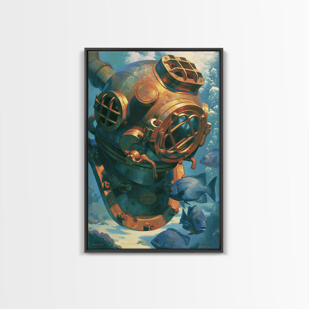Brass Diving Helmet Framed Canvas Print, Steampunk Art, Printable Art, Living Room Decor, Oil Painting, Mechanic, STE-2x3-20