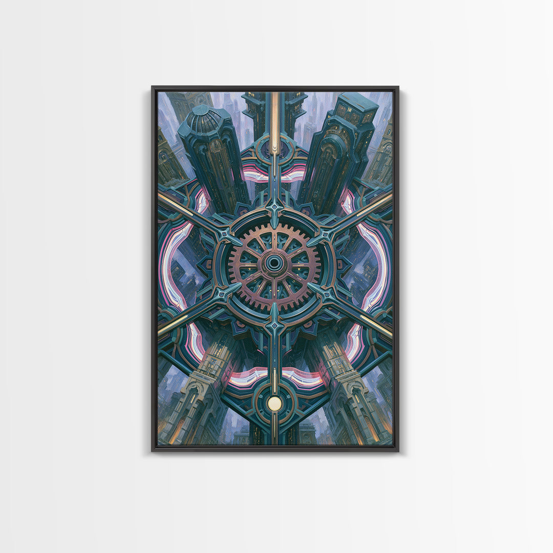 Cogwheel Mandala in Bronze and Teal Framed Canvas Print, Steampunk Art, Modern Decor, Living Room Decor, Fine Art, Mechanic, STE-2x3-24