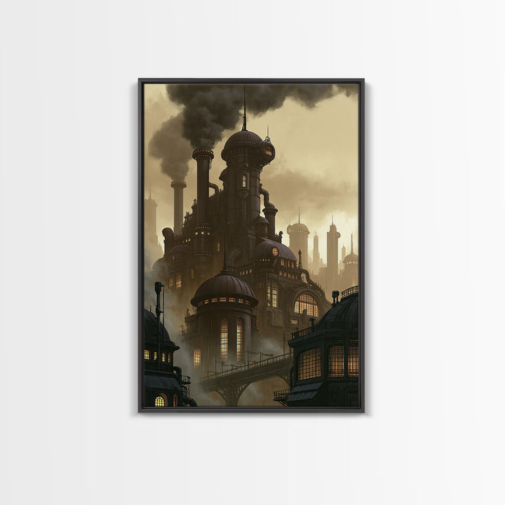 Steam Powered City Skyline Canvas Print, Steampunk Art, Original Art, Living Room Decor, Abstract Art, Mechanic, Cat Art, STE-2x3-29