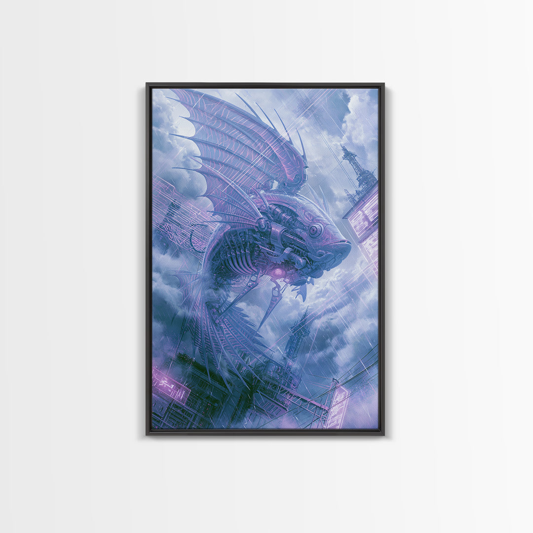 Mechanical Fish Swimming Through Clouds Framed Canvas Print, Steampunk Art, Minimalist Decor, Living Room Decor, Mechanic, STE-2x3-30