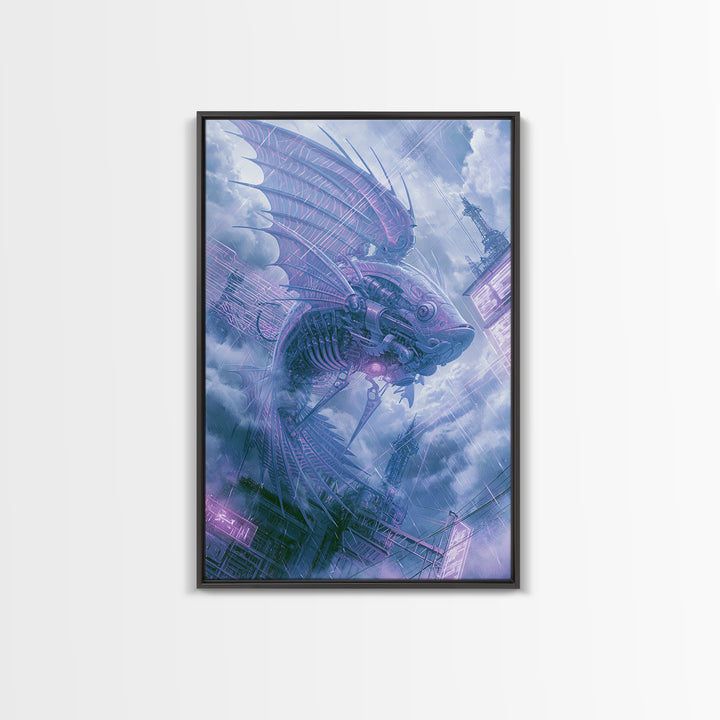 Mechanical Fish Swimming Through Clouds Framed Canvas Print, Steampunk Art, Minimalist Decor, Living Room Decor, Mechanic, STE-2x3-30