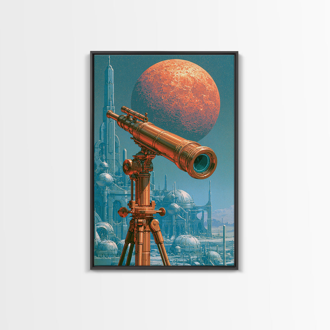 Brass Telescope Aimed at Copper Moon Canvas Print, Steampunk Art, Statement Artwork, Living Room Decor, Fine Art, Mechanic, STE-2x3-32