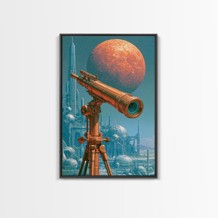 Brass Telescope Aimed at Copper Moon Canvas Print, Steampunk Art, Statement Artwork, Living Room Decor, Fine Art, Mechanic, STE-2x3-32