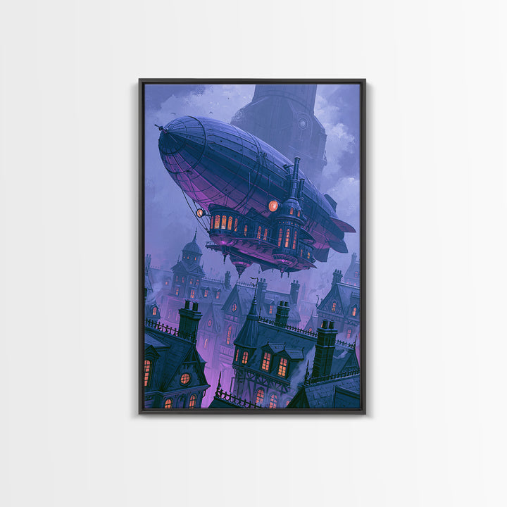 Airship Floating Above Victorian City Roofs Framed Canvas Print, Steampunk Art, Art Print, Living Room Decor, Mechanic, STE-2x3-34