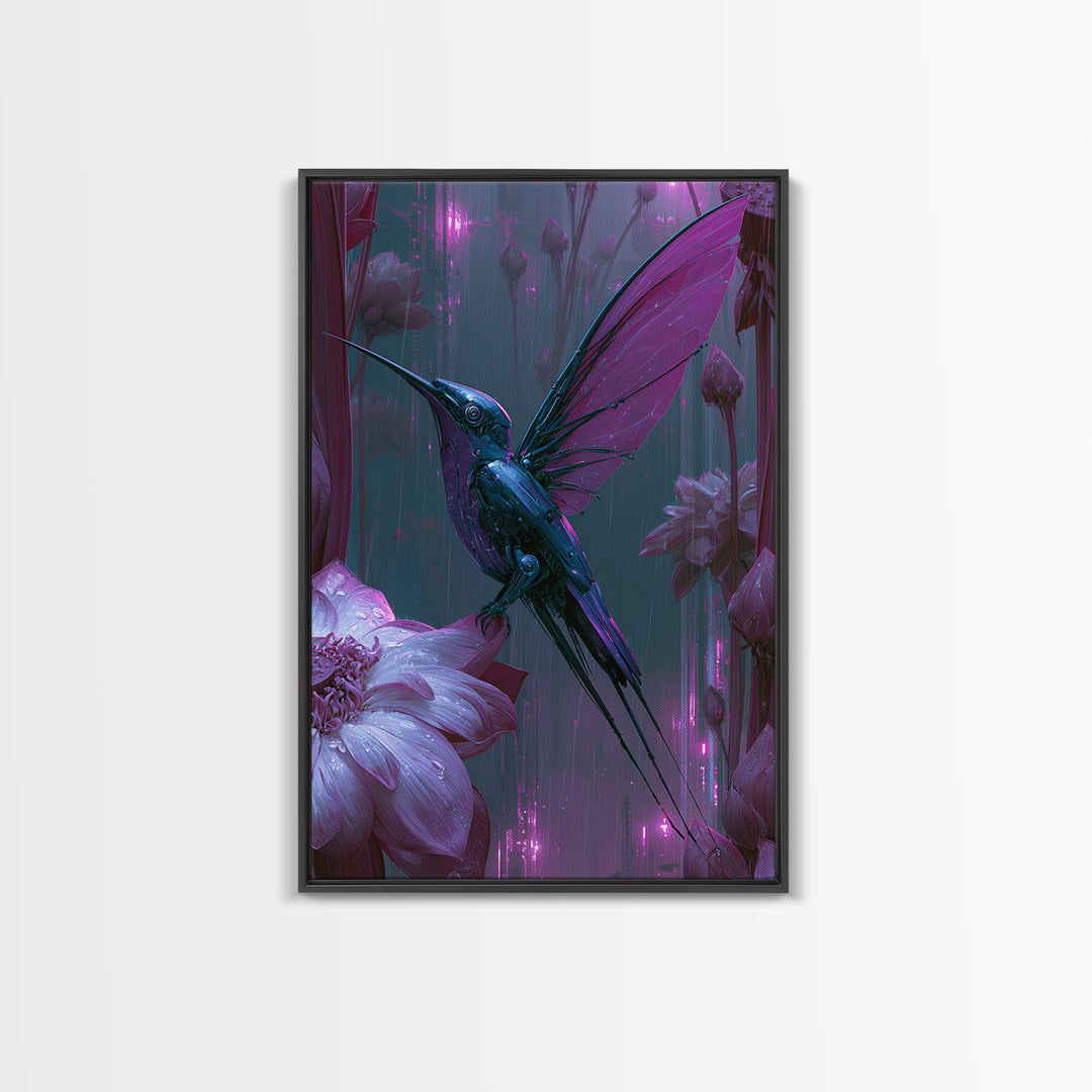 Mechanical Hummingbird Hovering Near Flower Framed Canvas Print, Steampunk Art, Canvas Art, Living Room Decor, Mechanic, STE-2x3-41
