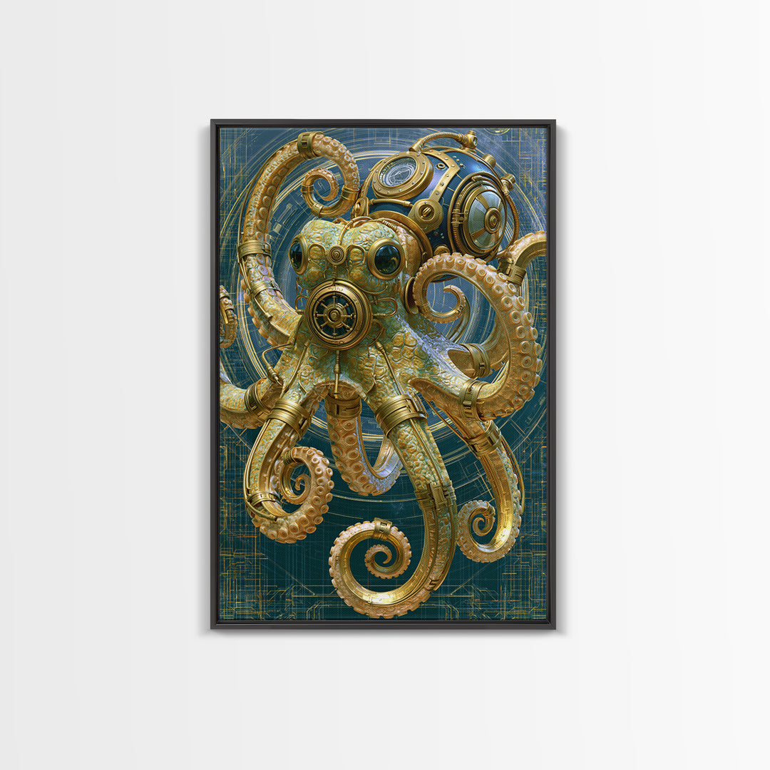 Steampunk Octopus with Brass Tentacles Canvas Print, Steampunk Art, Boho Wall Art, Living Room Decor, Fine Art, Mechanic, STE-2x3-61
