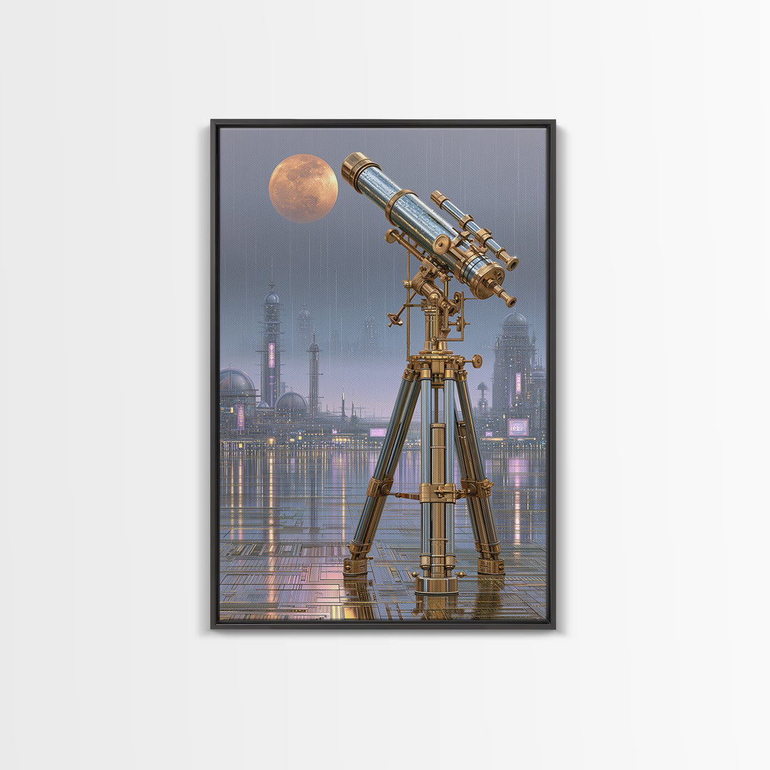 Brass Telescope Aimed at Copper Moon Framed Canvas Print, Steampunk Art, Dark Art, Living Room Decor, Oil Painting, Mechanic, STE-2x3-8