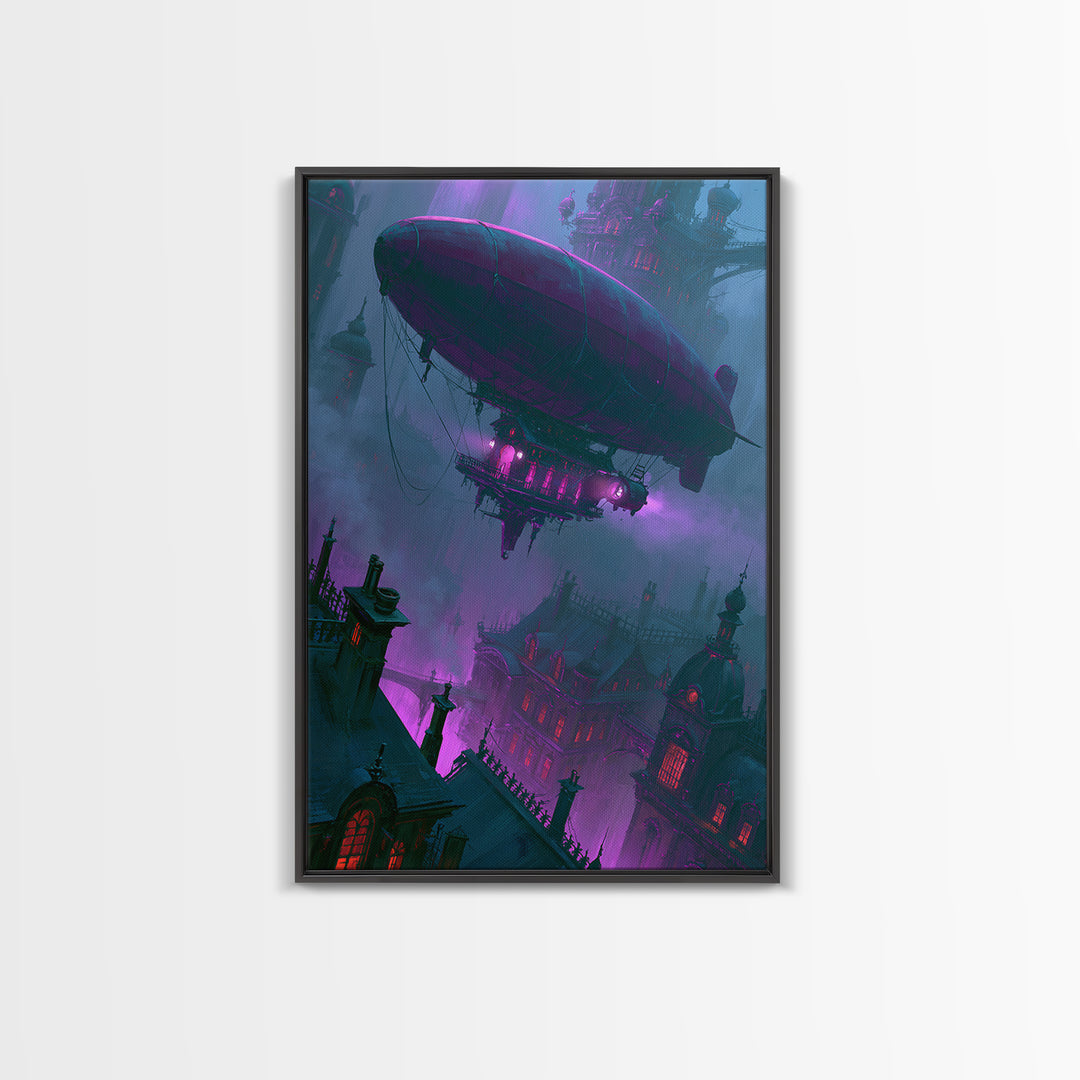 Airship Floating Above Victorian City Roofs Canvas Print, Steampunk Art, Abstract Art, Living Room Decor, Fine Art, Mechanic, STE-2x3-82