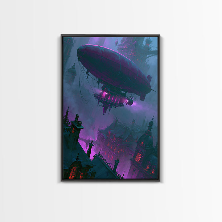 Airship Floating Above Victorian City Roofs Canvas Print, Steampunk Art, Abstract Art, Living Room Decor, Fine Art, Mechanic, STE-2x3-82