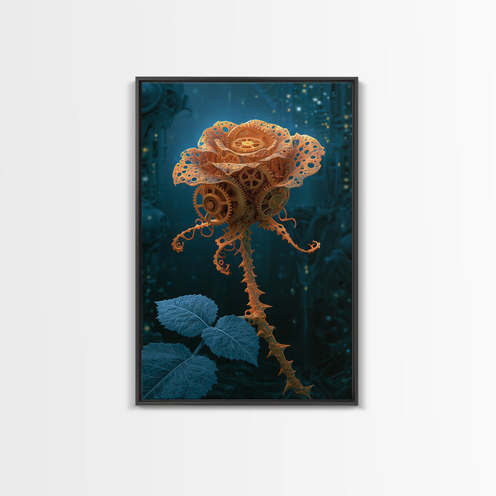 Mechanical Rose Made of Copper Gears Framed Canvas Print, Steampunk Art, Steampunk Lamp, Living Room Decor, Abstract Art, STE-2x3-83
