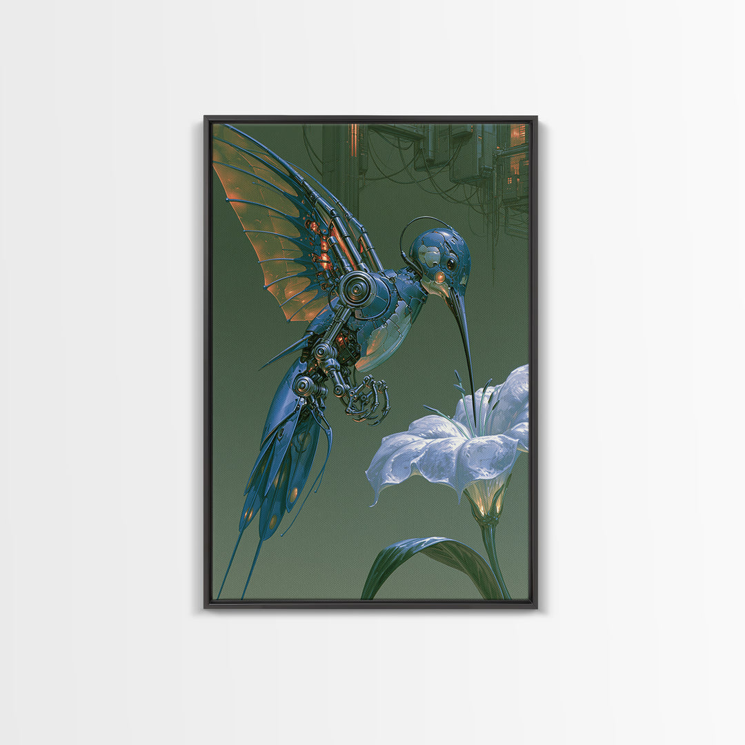 Mechanical Hummingbird Hovering Near Flower Canvas Print, Steampunk Art, Digital Download Art, Living Room Decor, Mechanic, STE-2x3-89