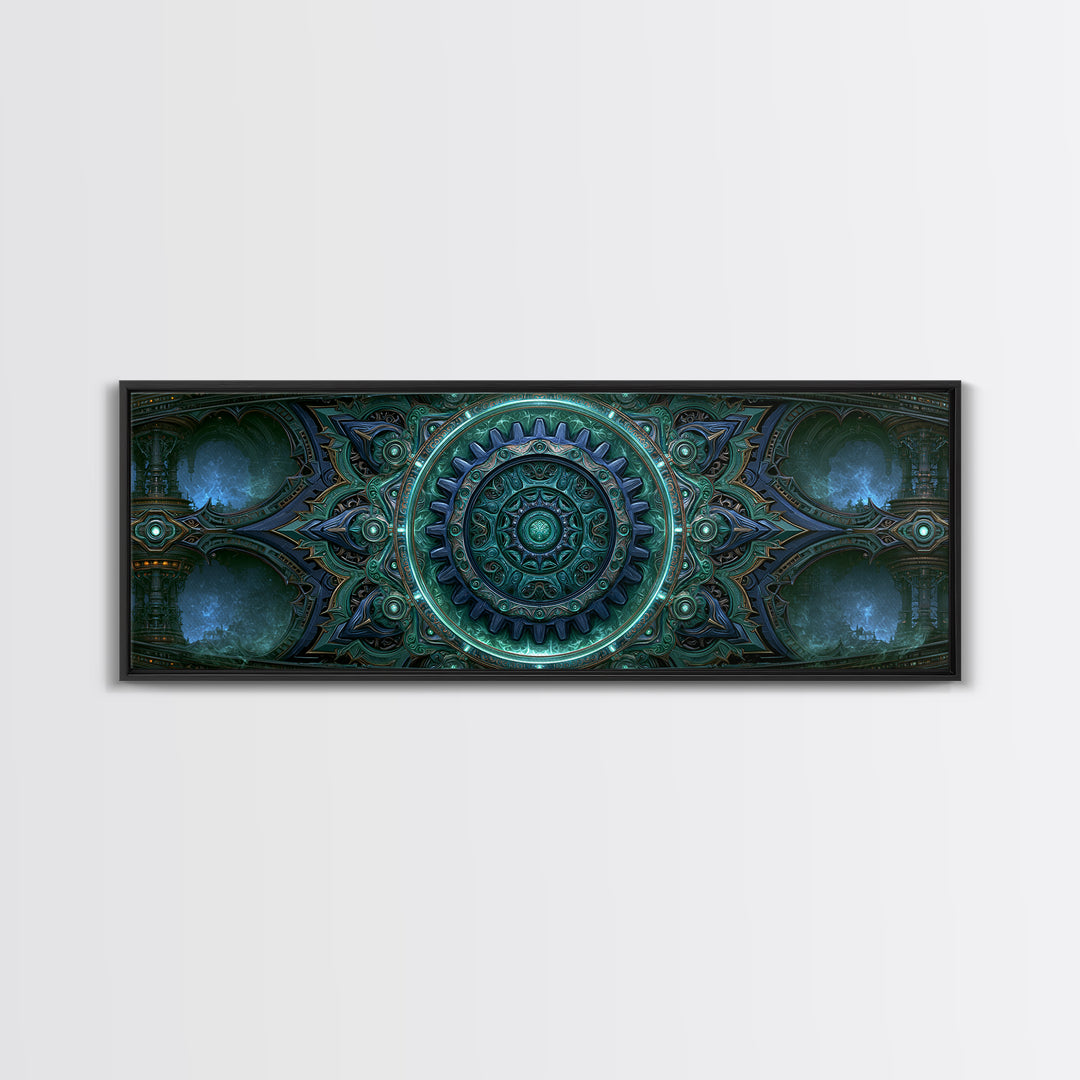 Cogwheel Mandala in Bronze and Teal Framed Canvas Print, Steampunk Art, Abstract Art Print, Living Room Decor, Watercolor Art, STE-3x1-32