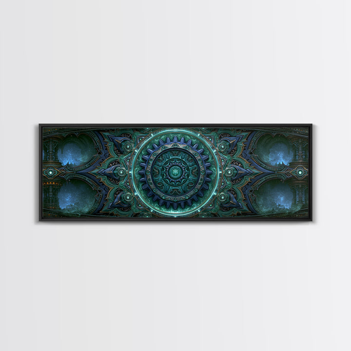 Cogwheel Mandala in Bronze and Teal Framed Canvas Print, Steampunk Art, Abstract Art Print, Living Room Decor, Watercolor Art, STE-3x1-32