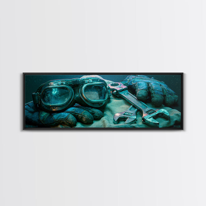 Goggles Gloves and Wrench Still Life Framed Canvas Print, Steampunk Art, Contemporary Art, Living Room Decor, Mechanic, STE-3x1-63