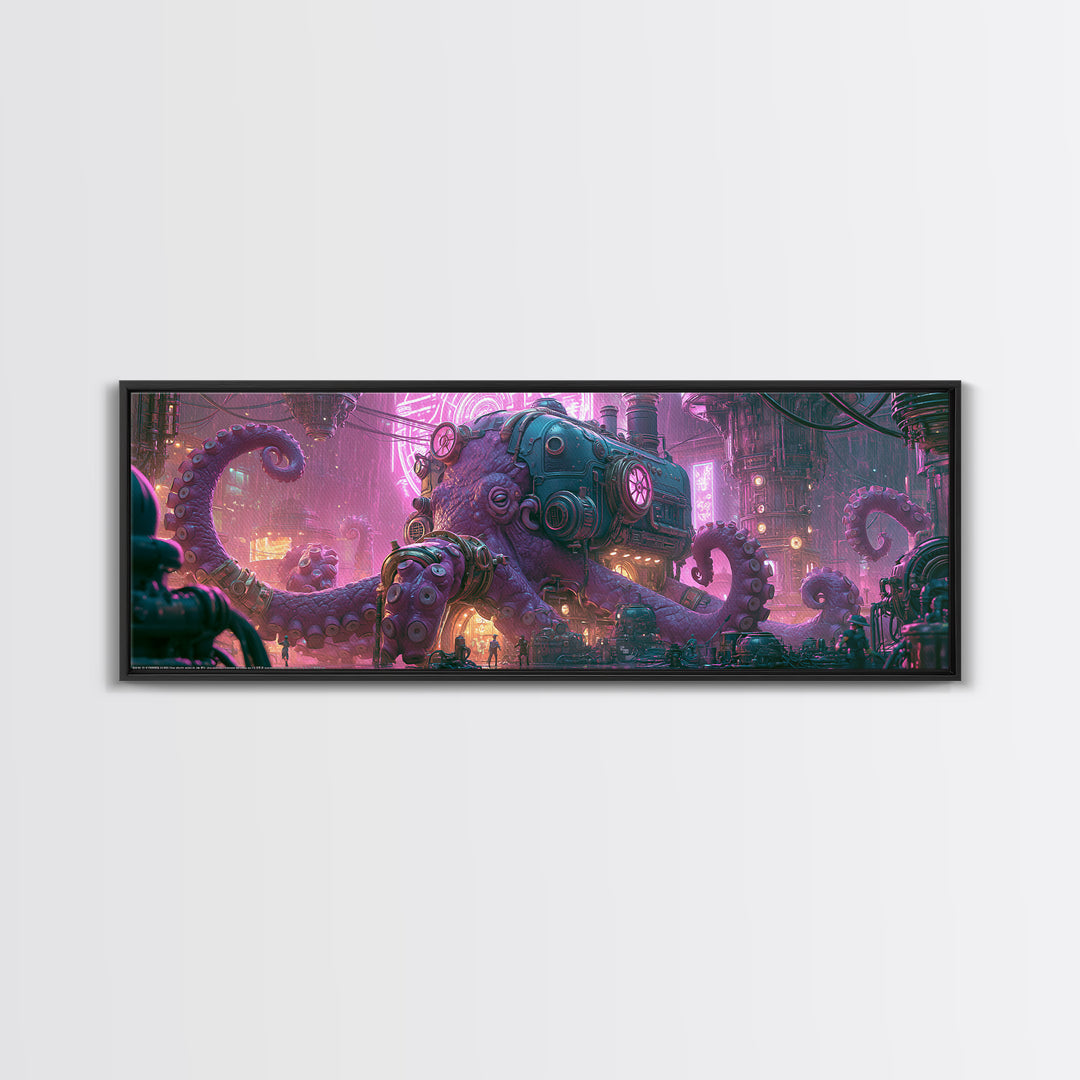 Steampunk Octopus with Brass Tentacles Framed Canvas Print, Steampunk Art, Gallery Decor, Living Room Decor, Fine Art, Mechanic, STE-3x1-69