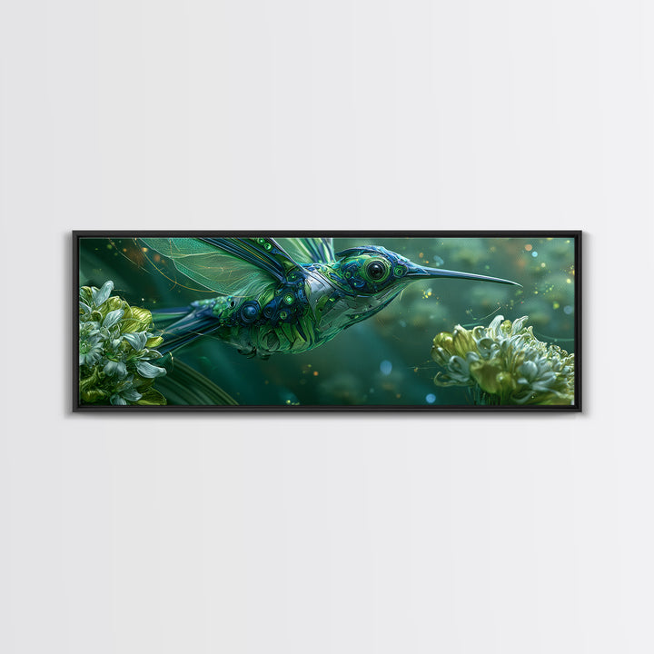 Mechanical Hummingbird Hovering Near Flower Framed Canvas Print, Steampunk Art, Neutral Decor, Living Room Decor, Oil Painting, STE-3x1-73