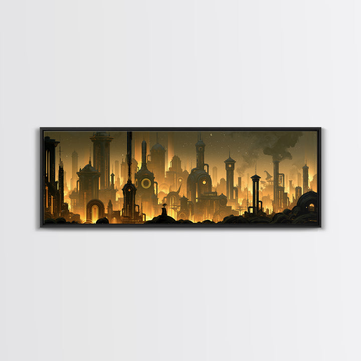 Steam Powered City Skyline Canvas Print, Steampunk Art, Dark Art, Living Room Decor, Abstract Art, Mechanic, Minimalist Decor, STE-3x1-85