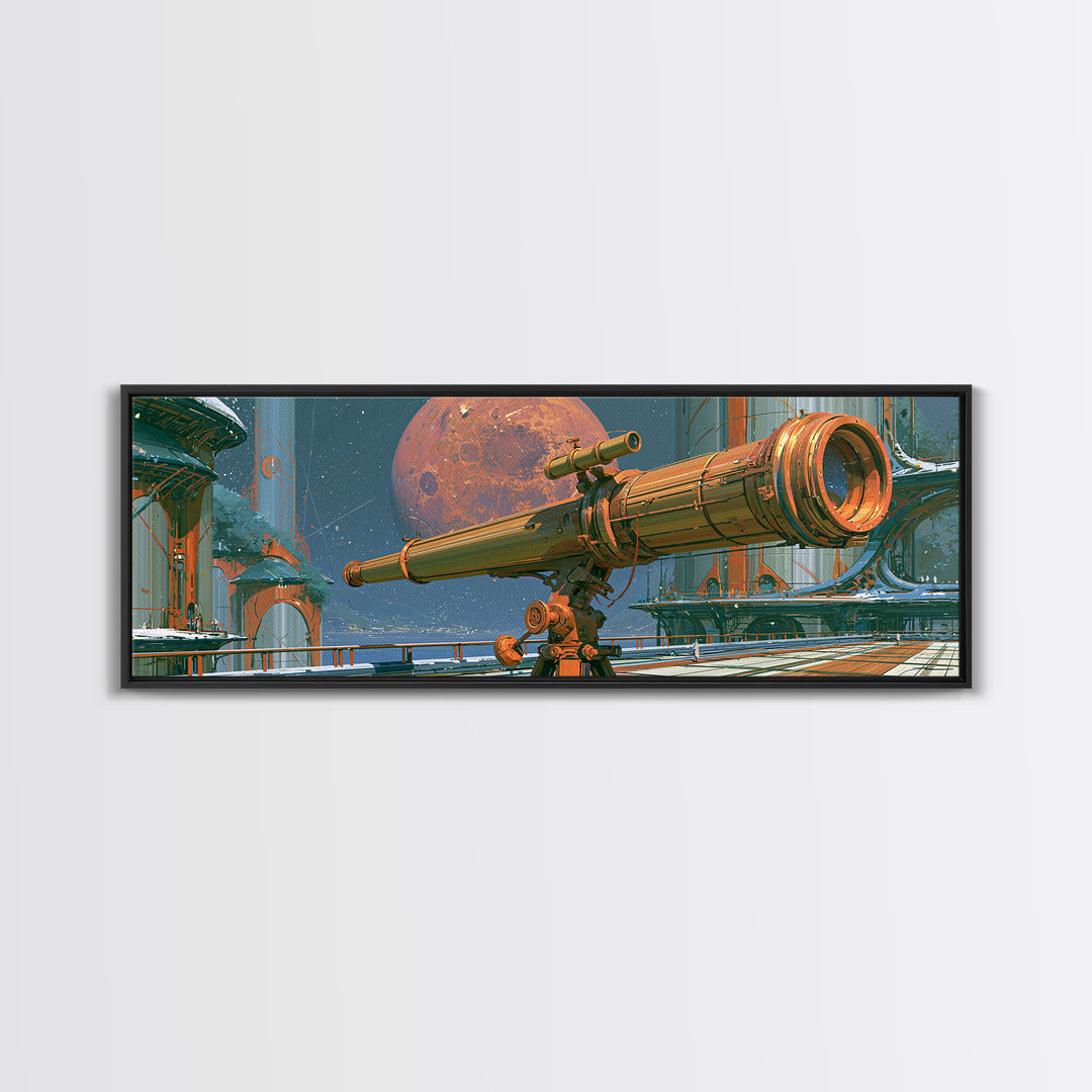 Brass Telescope Aimed at Copper Moon Canvas Print, Steampunk Art, Wall Art, Living Room Decor, Oil Painting, Mechanic, STE-3x1-88