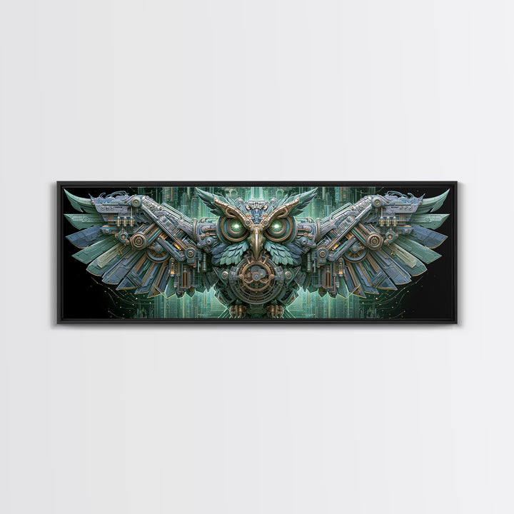 Brass Clockwork Owl Framed Canvas Print, Steampunk Art, Boho Decor, Living Room Decor, Oil Painting, Mechanic, Art Print, STE-3x1-89