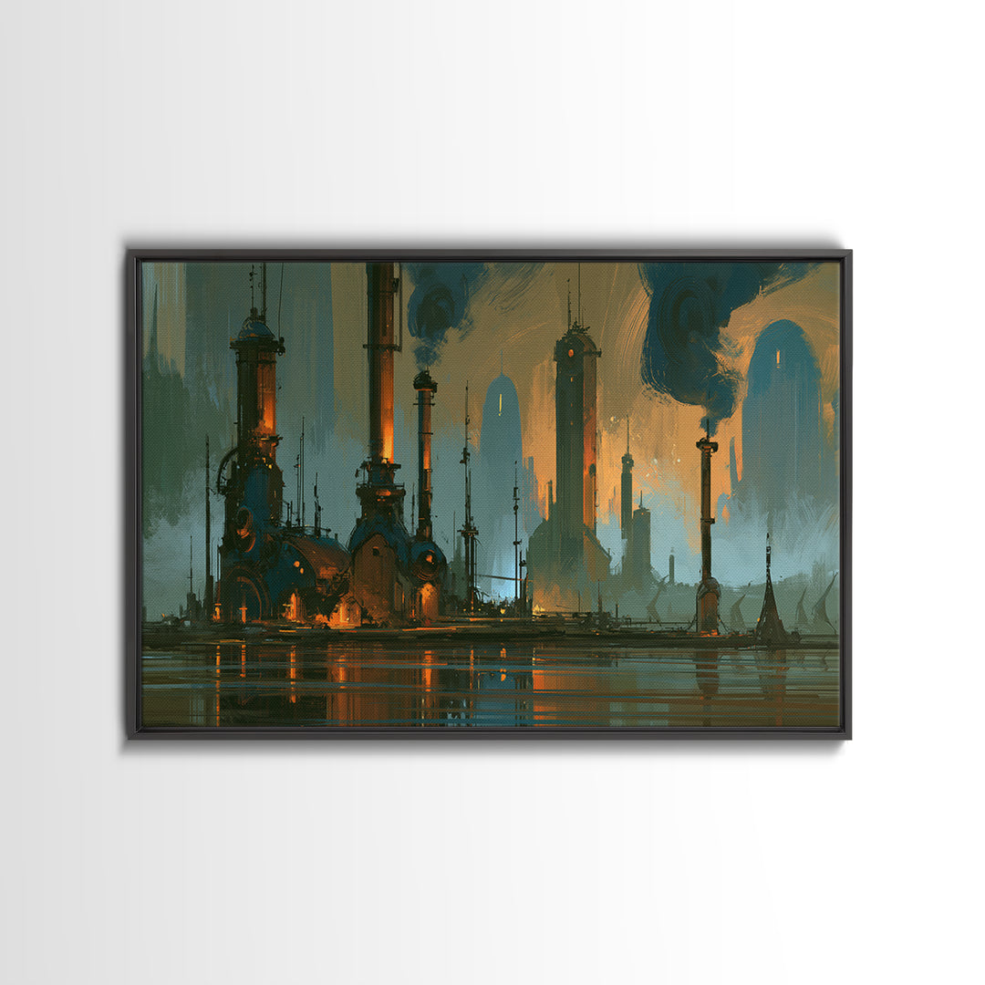 Steam Powered City Skyline Canvas Print, Steampunk Art, Wall Art Living Room, Living Room Decor, Abstract Art, Mechanic, STE-3x2-1
