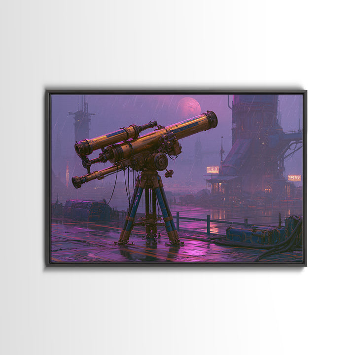 Brass Telescope Aimed at Copper Moon Framed Canvas Print, Steampunk Art, Wall Art, Living Room Decor, Oil Painting, Mechanic, STE-3x2-100