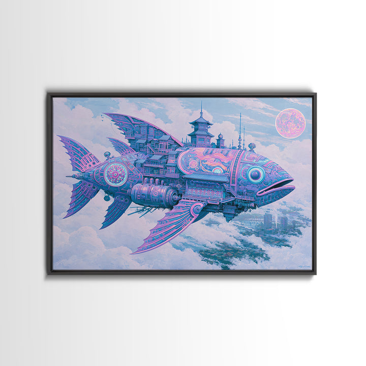 Mechanical Fish Swimming Through Clouds Framed Canvas Print, Steampunk Art, Art Nouveau, Living Room Decor, Fine Art, Mechanic, STE-3x2-2