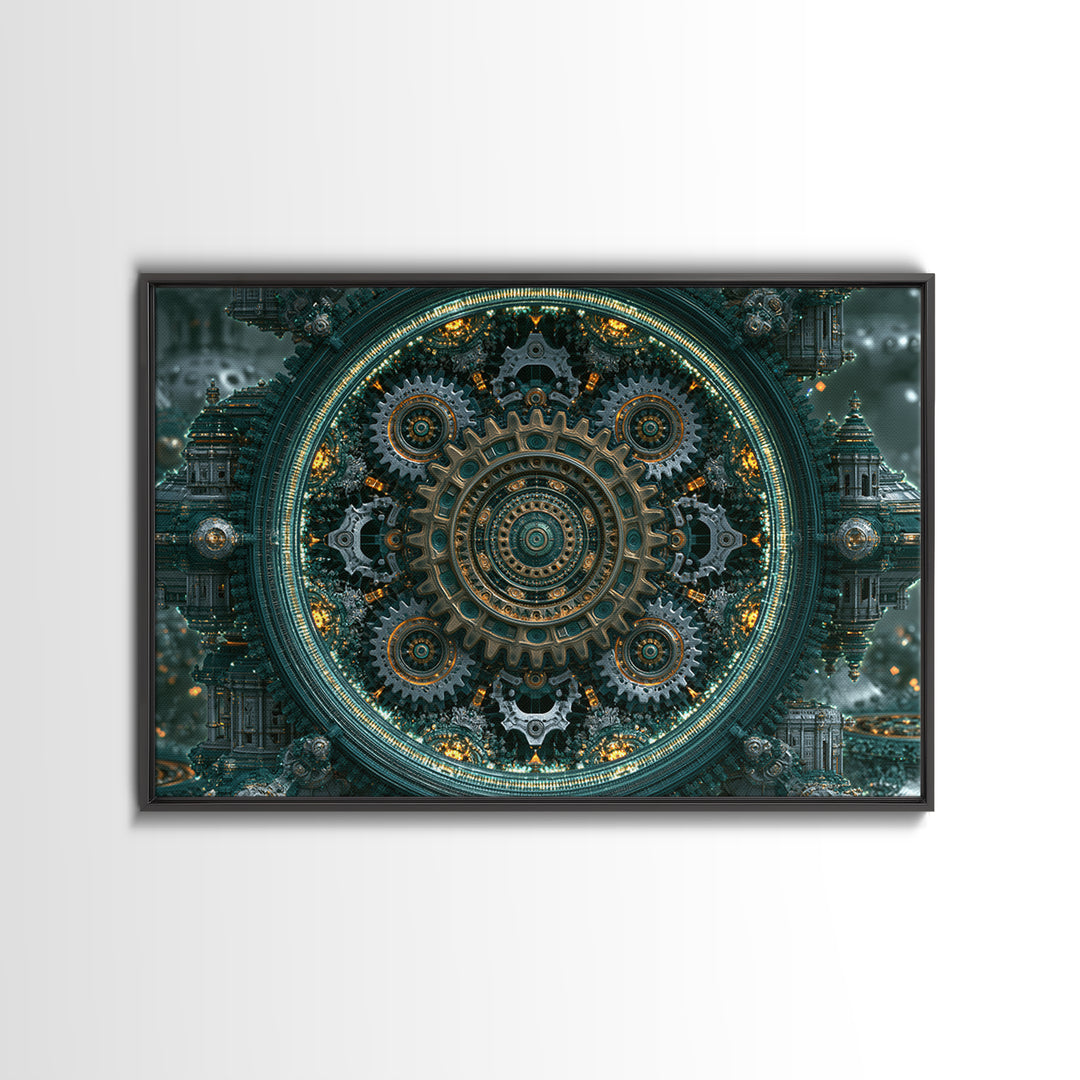 Cogwheel Mandala in Bronze and Teal Framed Canvas Print, Steampunk Art, Gothic Art, Living Room Decor, Fine Art, Mechanic, STE-3x2-20