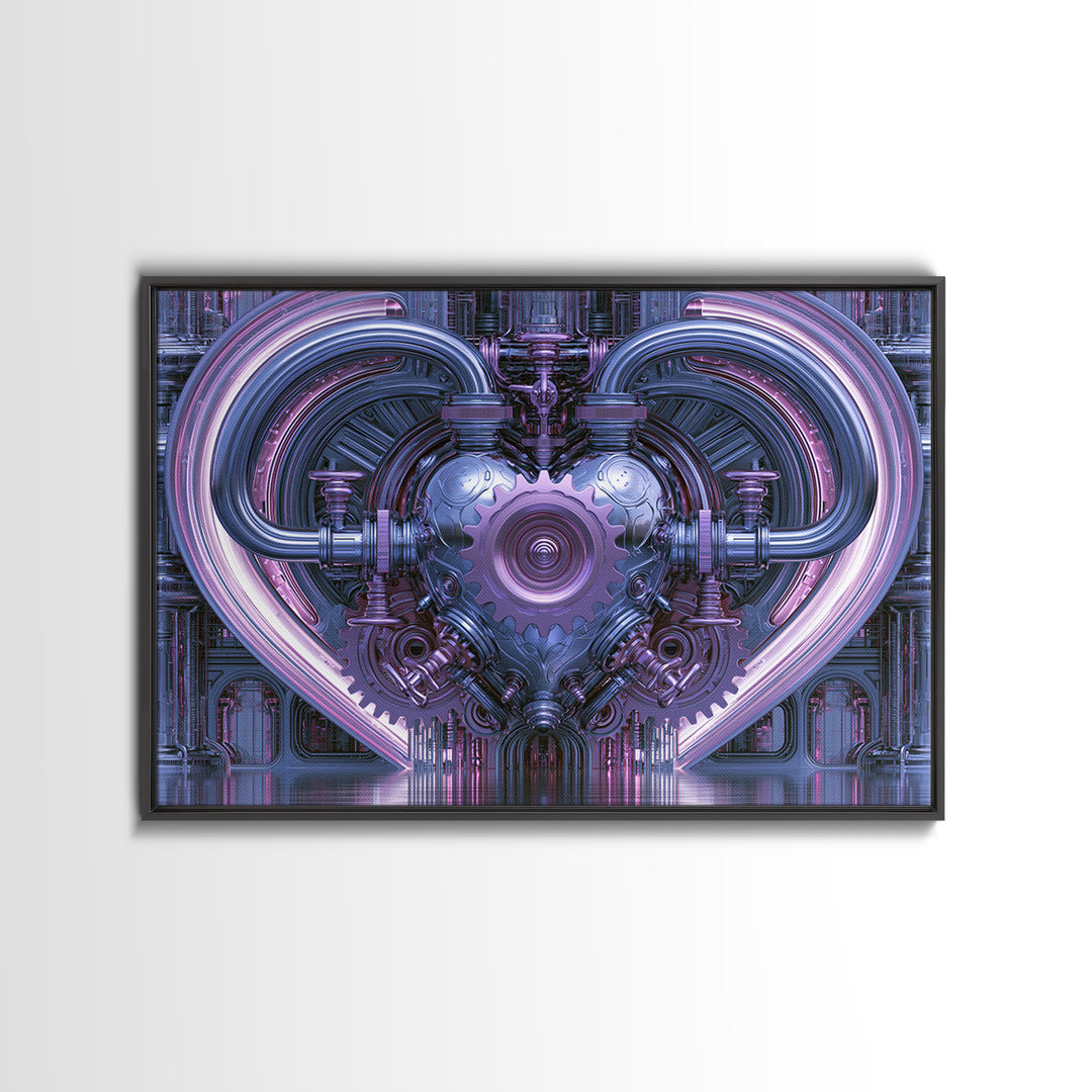 Gear Heart with Pipes and Valves Framed Canvas Print, Steampunk Art, Retro Decor, Living Room Decor, Fine Art, Mechanic, STE-3x2-24