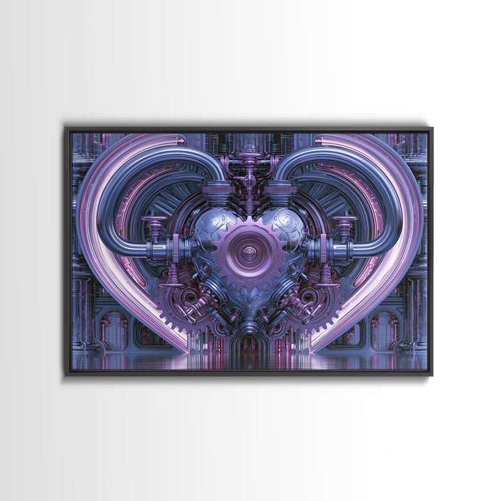 Gear Heart with Pipes and Valves Framed Canvas Print, Steampunk Art, Retro Decor, Living Room Decor, Fine Art, Mechanic, STE-3x2-24
