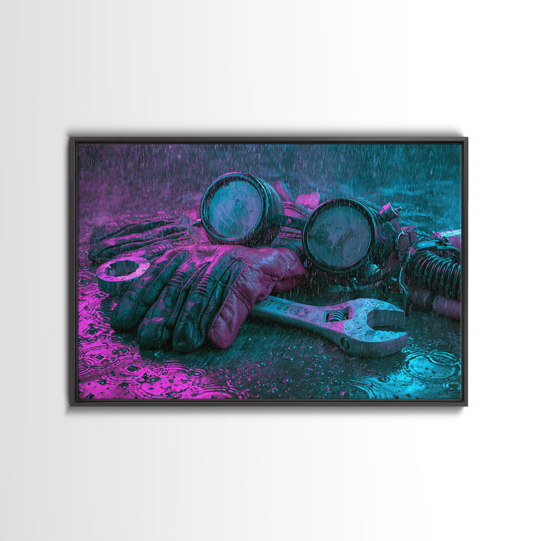 Goggles Gloves and Wrench Still Life Canvas Print, Steampunk Art, Retro Decor, Living Room Decor, Fine Art, Mechanic, STE-3x2-3