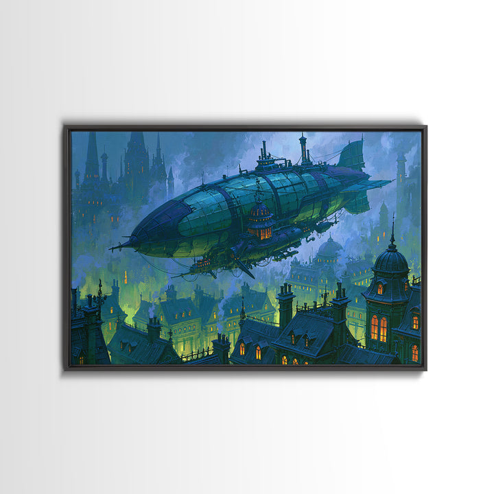 Airship Floating Above Victorian City Roofs Canvas Print, Steampunk Art, Modern Art, Living Room Decor, Fine Art, Mechanic, STE-3x2-30