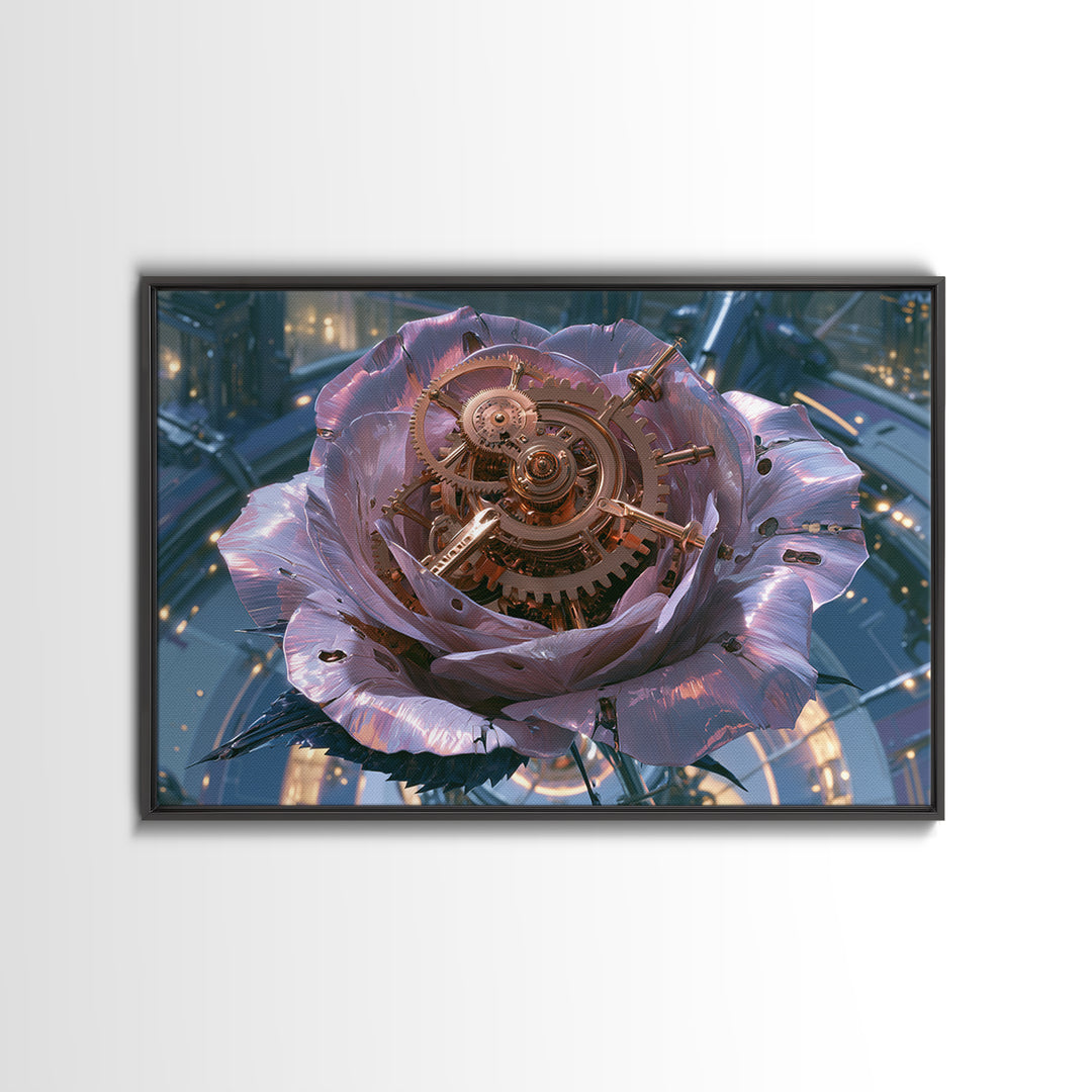 Mechanical Rose Made of Copper Gears Framed Canvas Print, Steampunk Art, Statement Artwork, Living Room Decor, Mechanic, STE-3x2-31